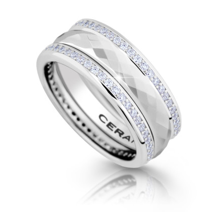 Dámsky netradičný prsteň z keramiky a striebra so zirkónmi Cerafi Kombinacione Bianco 127