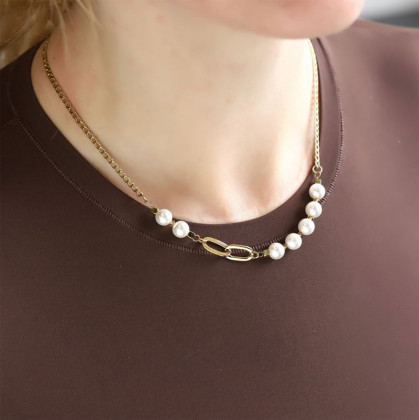 Pozlátený perlový náhrdelník chirurgická oceľ NSS1044